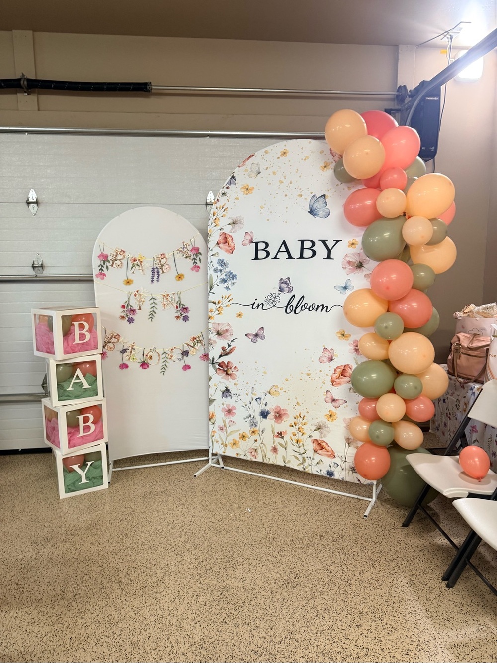Baby in Bloom Party Backdrop with Peach, Coral & Olive